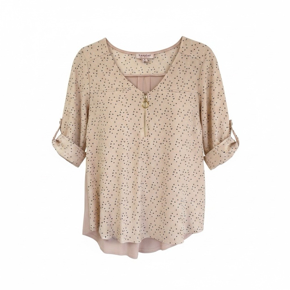 Tempted Los Angeles Pink Geometric Zip Front Roll Tab Sleeve Blouse Size M